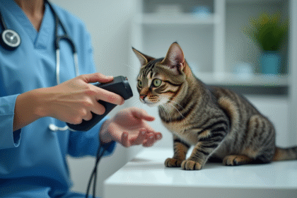 Vétérinaire tenant un chat en scannant une puce électronique