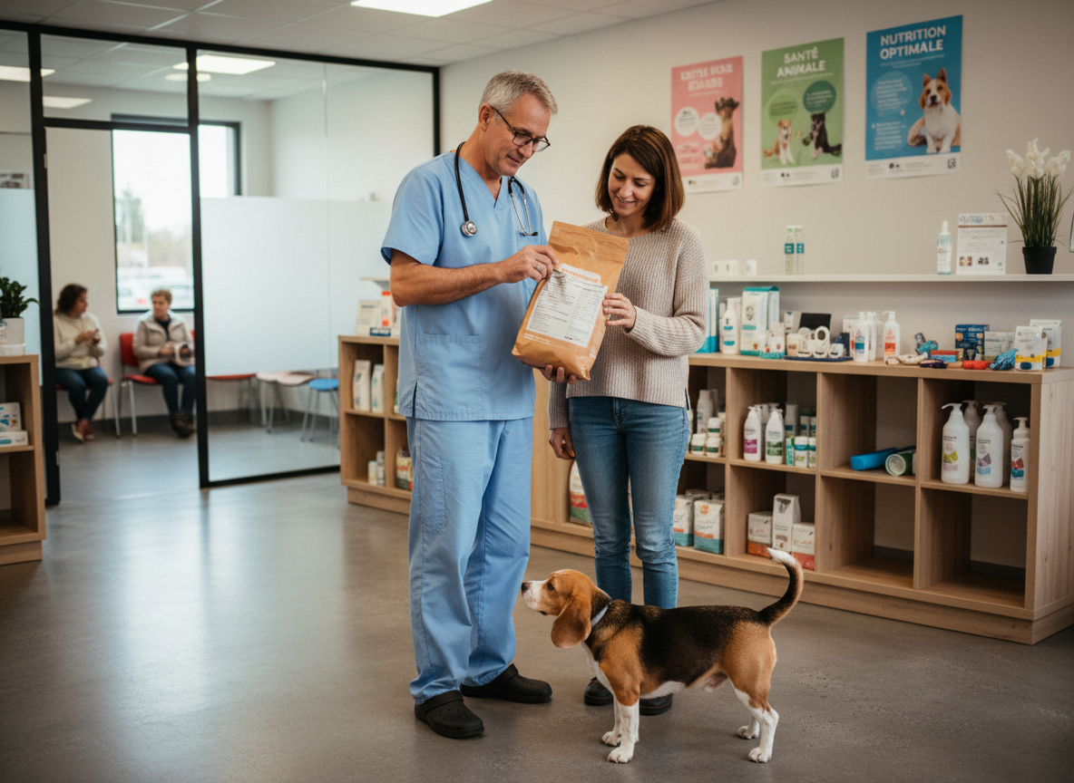 Vétérinaire en scrubs discutant avec propriétaire de chien dans une clinique