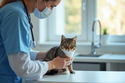 Vétérinaire examinant un chat calme sur une table