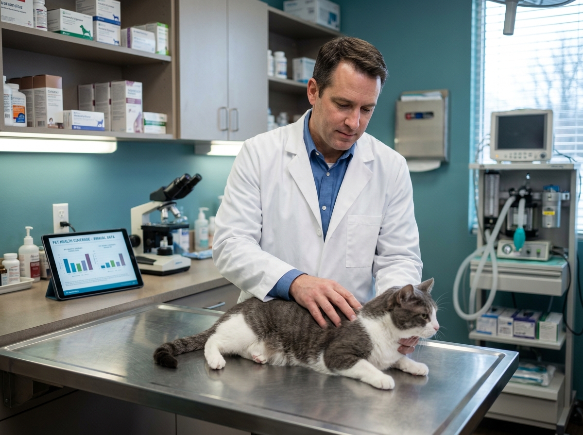 Vétérinaire examinant un chat dans une clinique vétérinaire avec une tablette affichant des données de couverture d'assurance santé animale en arrière-plan