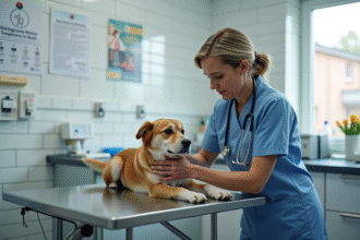 Vétérinaire examinant un chien nerveux dans une clinique