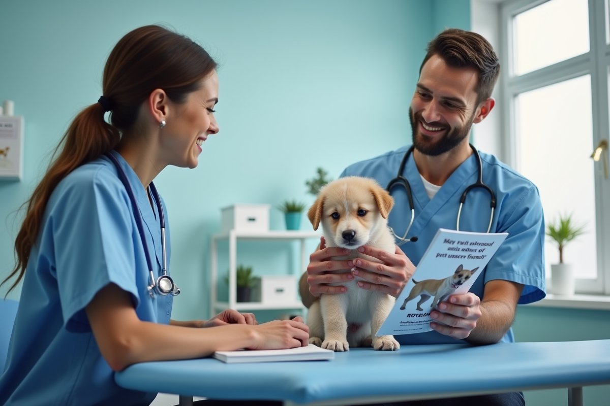 Vétérinaire examinant un chiot dans une clinique lumineuse