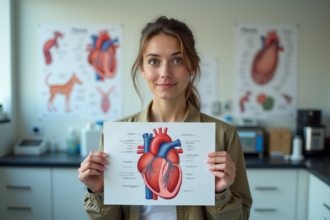 Jeune zoologiste avec diagramme du coeur à cinq chambres