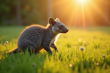 Zorilla debout dans un champ vert au lever du soleil